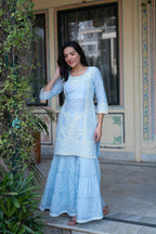 Juniper Sky Blue Cotton Mughal Printed Kurta with Gharara, Organza Dupatta, Mirror Work & Puff Print - Distacart