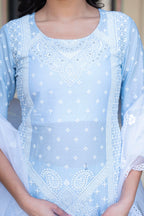 Juniper Sky Blue Cotton Mughal Printed Kurta With Gharara, Organza Dupatta, Mirror Work & Puff Print - Distacart