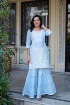 Juniper Sky Blue Cotton Mughal Printed Kurta with Gharara, Organza Dupatta, Mirror Work & Puff Print - Distacart