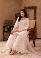 Juniper White Cotton Mughal Printed Kurta with Gharara, Organza Dupatta, Mirror Work & Puff Print