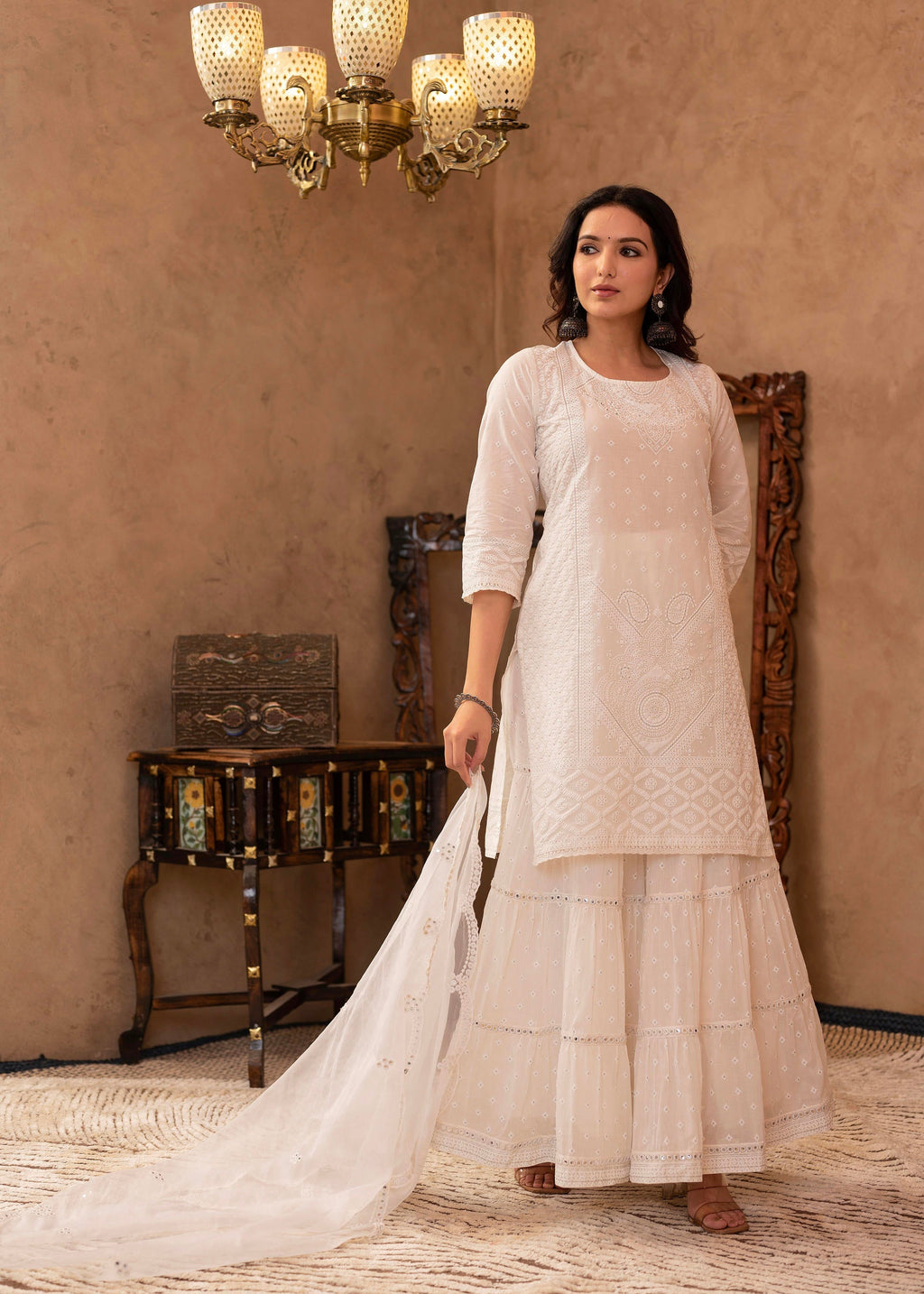 Juniper White Cotton Mughal Printed Kurta With Gharara, Organza Dupatta, Mirror Work & Puff Print - Distacart