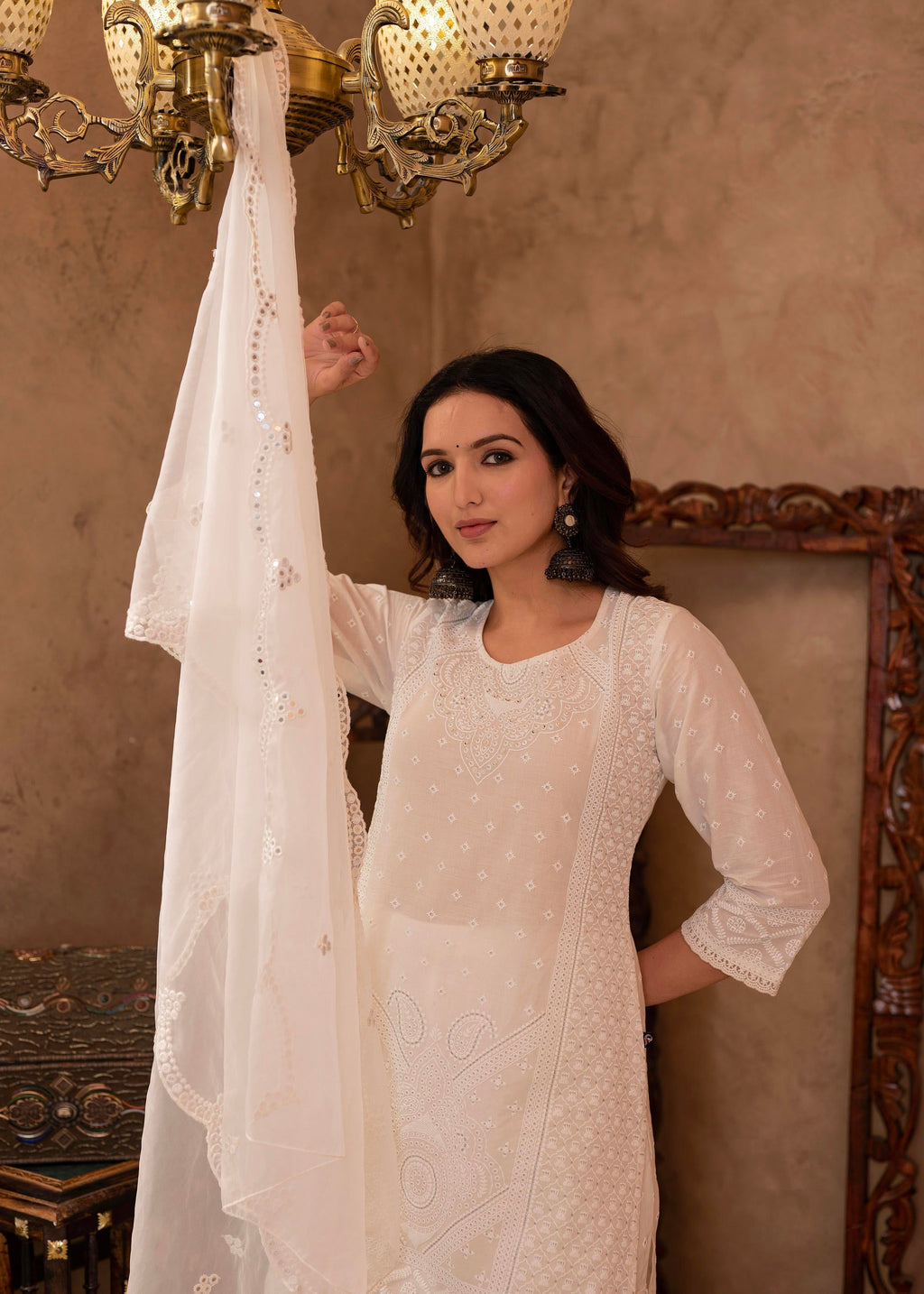 Juniper White Cotton Mughal Printed Kurta with Gharara, Organza Dupatta, Mirror Work & Puff Print