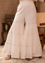 Juniper White Cotton Mughal Printed Kurta with Gharara, Organza Dupatta, Mirror Work & Puff Print