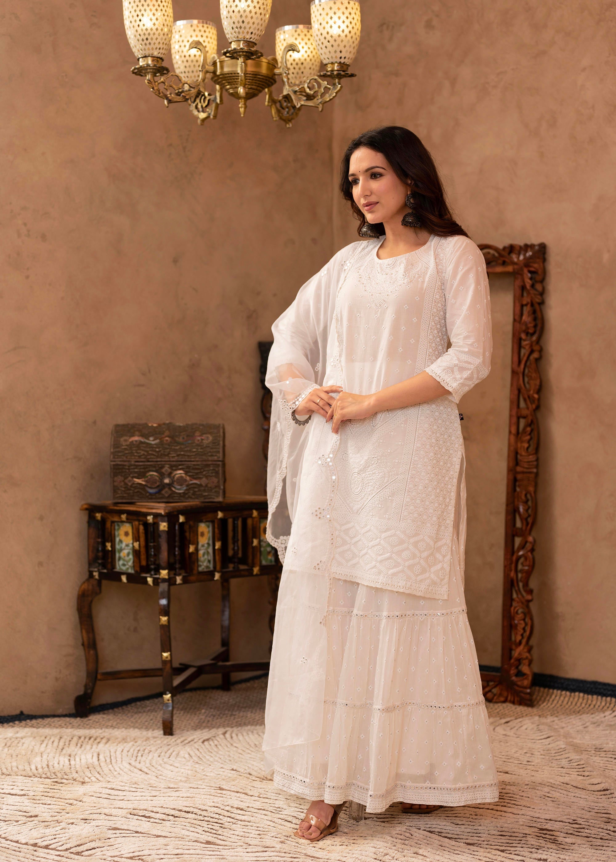 Juniper White Cotton Mughal Printed Kurta with Gharara, Organza Dupatta, Mirror Work & Puff Print