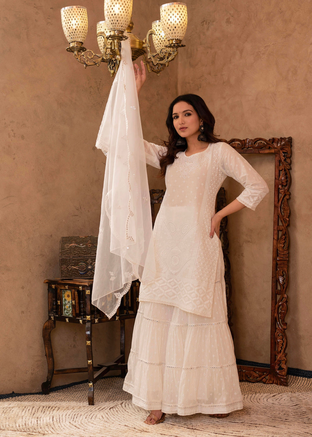 Juniper White Cotton Mughal Printed Kurta with Gharara, Organza Dupatta, Mirror Work & Puff Print
