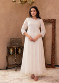 Juniper White Viscose Flared Mirror Embroidered Kurta with Cotton Lining & Button Details