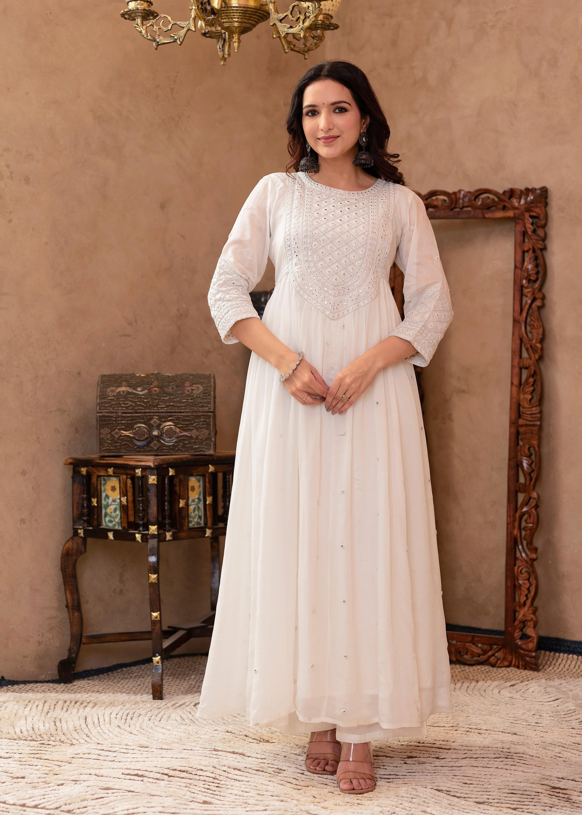 Juniper White Viscose Flared Mirror Embroidered Kurta with Cotton Lining & Button Details