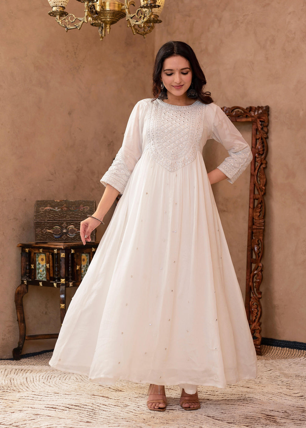 Juniper White Viscose Flared Mirror Embroidered Kurta with Cotton Lining & Button Details