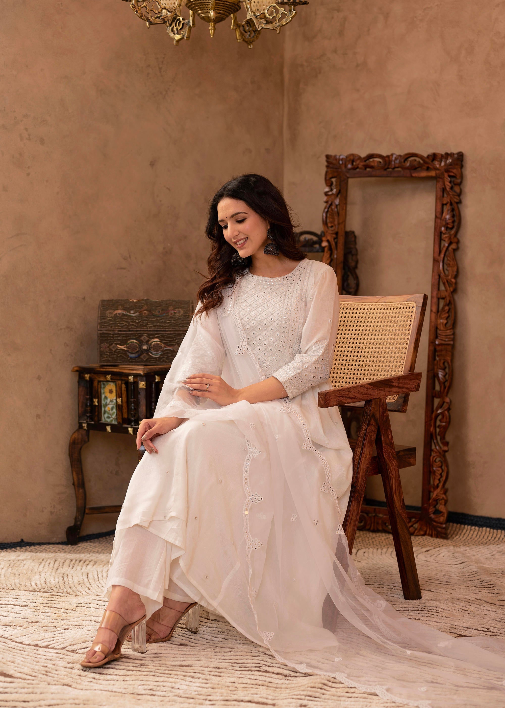 Juniper White Viscose Flared Mirror Embroidered Kurta with Cotton Lining & Button Details