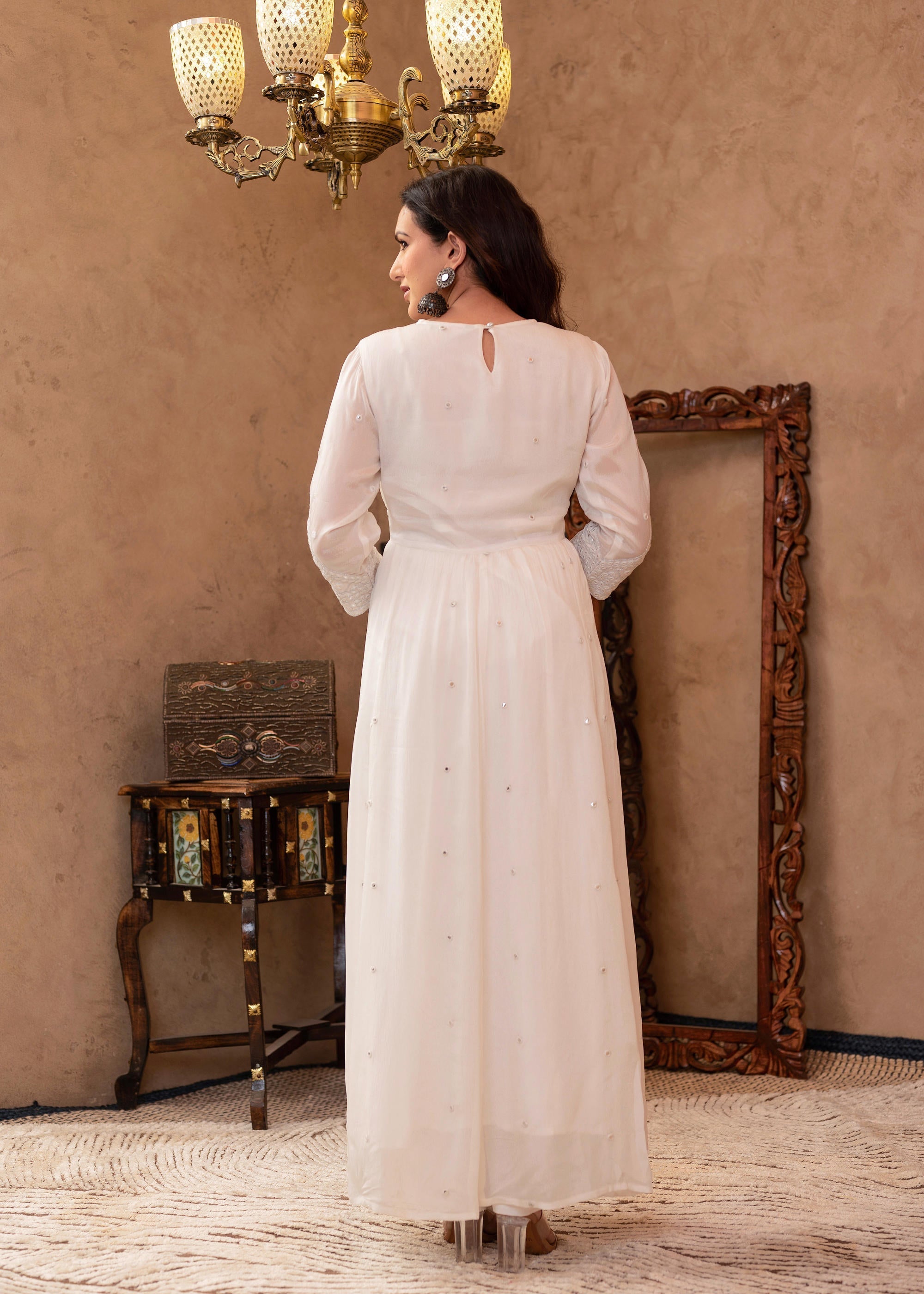 Juniper White Viscose Flared Mirror Embroidered Kurta with Cotton Lining & Button Details