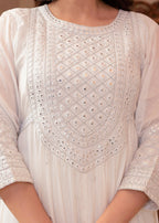 Juniper White Viscose Flared Mirror Embroidered Kurta with Cotton Lining & Button Details