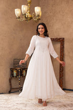 Juniper White Viscose Flared Mirror Embroidered Kurta with Cotton Lining & Button Details