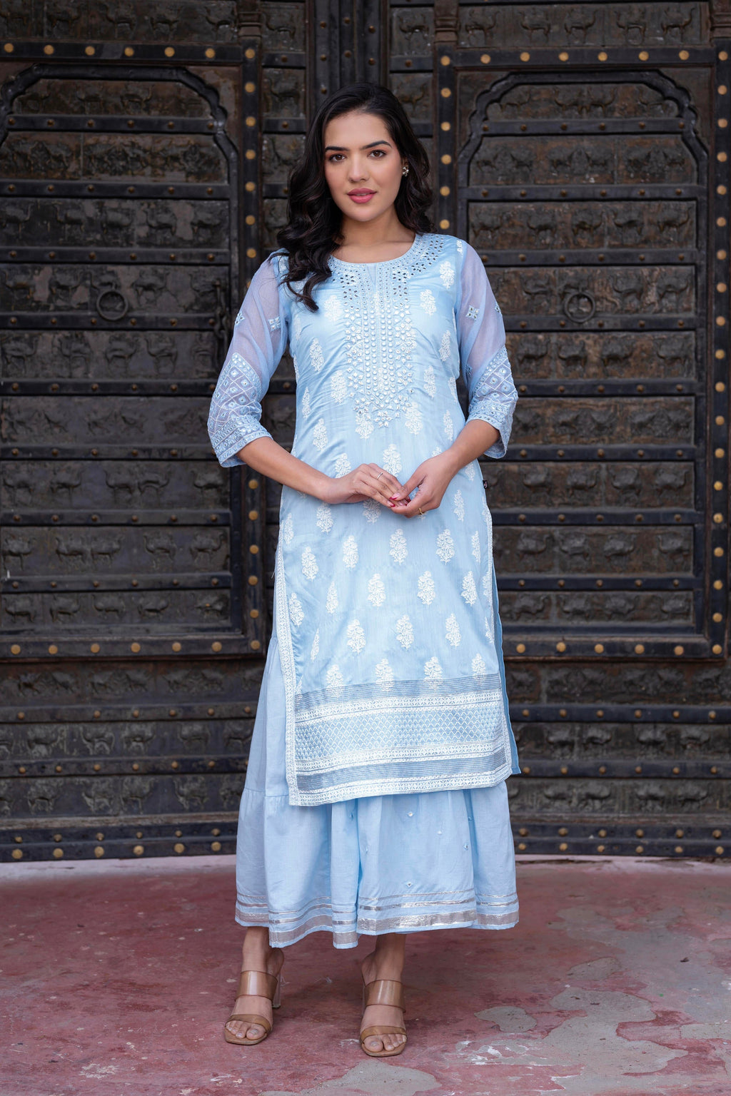 Juniper Sky Blue Chanderi Floral Mirror Embroidered Dress with Gota Lace & Glitter Work - Distacart