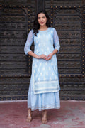Juniper Sky Blue Chanderi Floral Mirror Embroidered Dress with Gota Lace & Glitter Work - Distacart