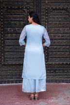 Juniper Sky Blue Chanderi Floral Mirror Embroidered Dress With Gota Lace & Glitter Work - Distacart