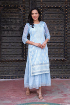 Juniper Sky Blue Chanderi Floral Mirror Embroidered Dress with Gota Lace & Glitter Work - Distacart