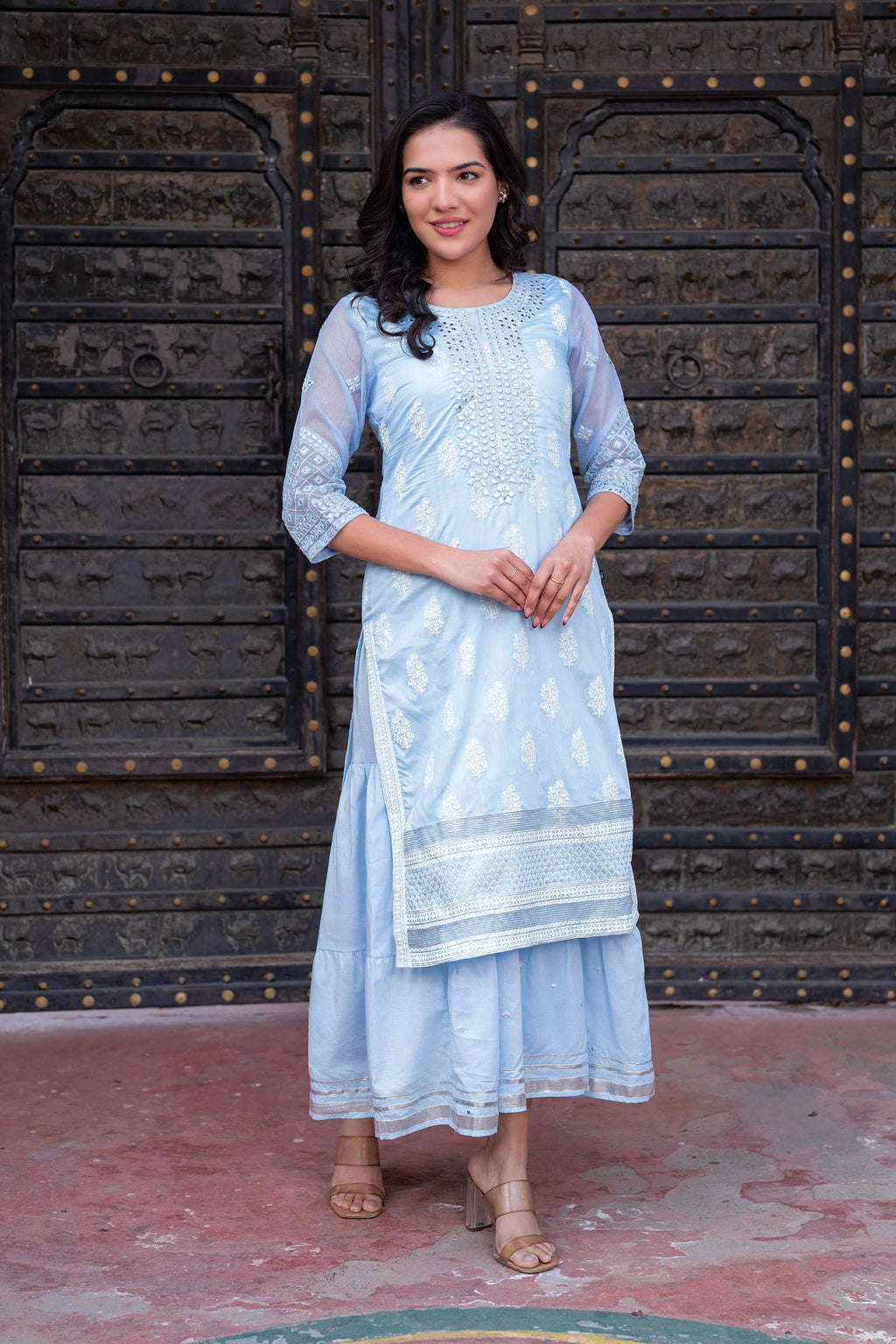 Juniper Sky Blue Chanderi Floral Mirror Embroidered Dress With Gota Lace & Glitter Work - Distacart
