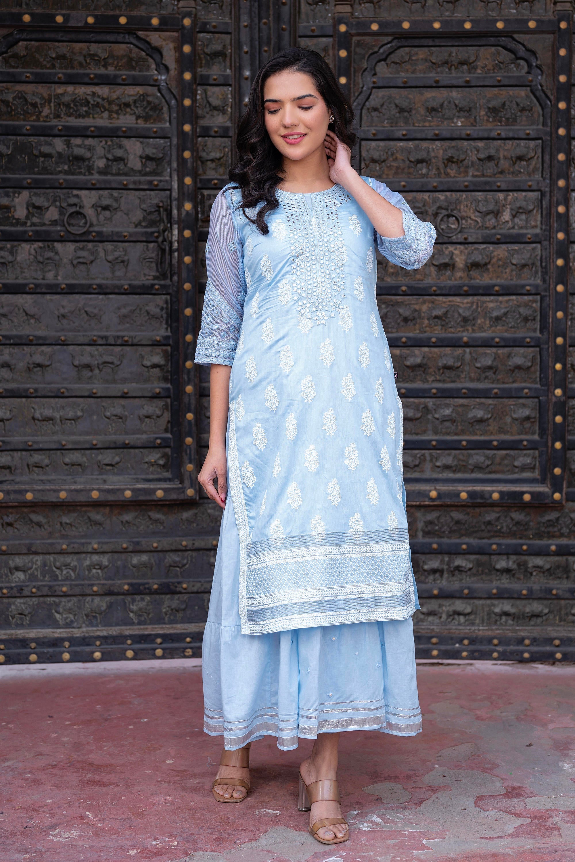 Juniper Sky Blue Chanderi Floral Mirror Embroidered Dress with Gota Lace & Glitter Work - Distacart