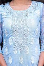 Juniper Sky Blue Chanderi Floral Mirror Embroidered Dress with Gota Lace & Glitter Work - Distacart