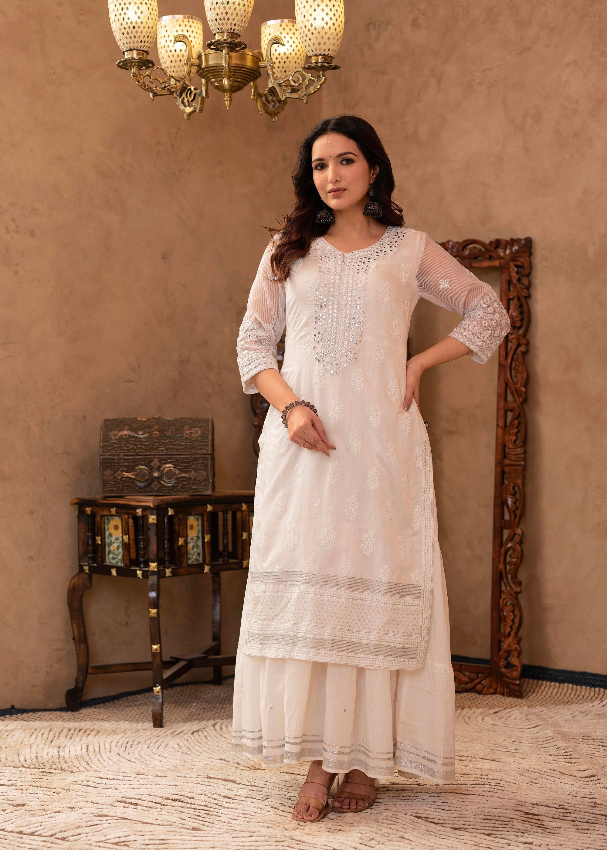 Juniper White Chanderi Mirror Embroidered Kurta with Gota Lace & Glitter Work