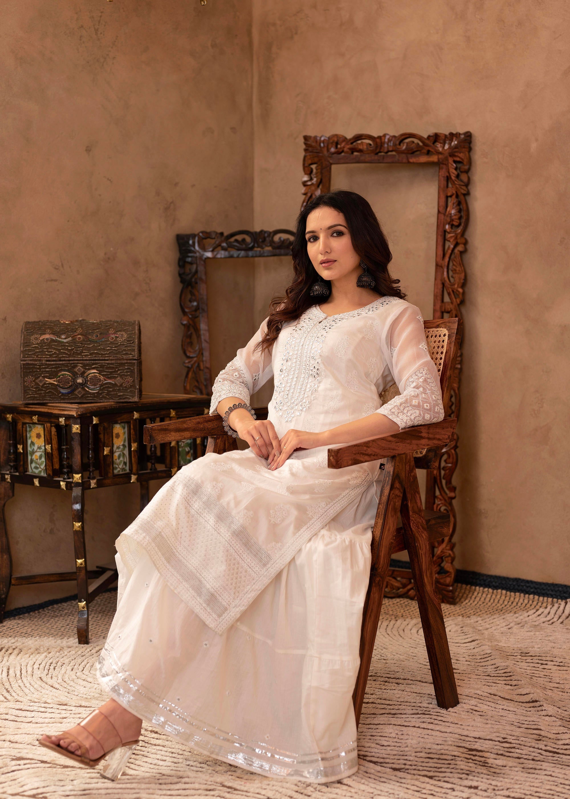 Juniper White Chanderi Mirror Embroidered Kurta with Gota Lace & Glitter Work