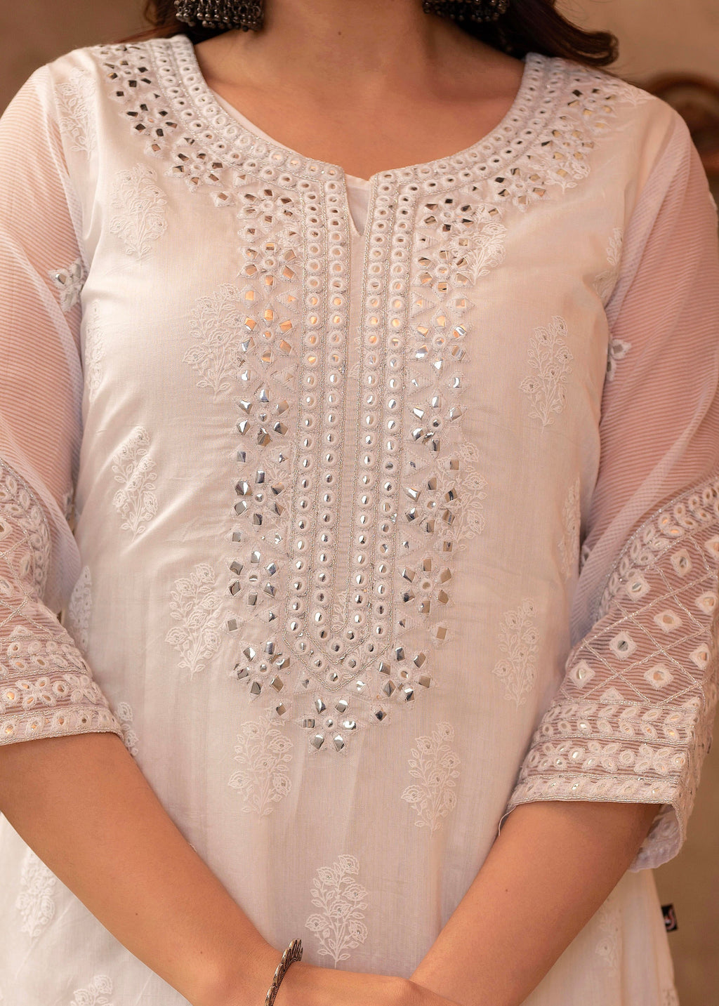 Juniper White Chanderi Mirror Embroidered Kurta with Gota Lace & Glitter Work