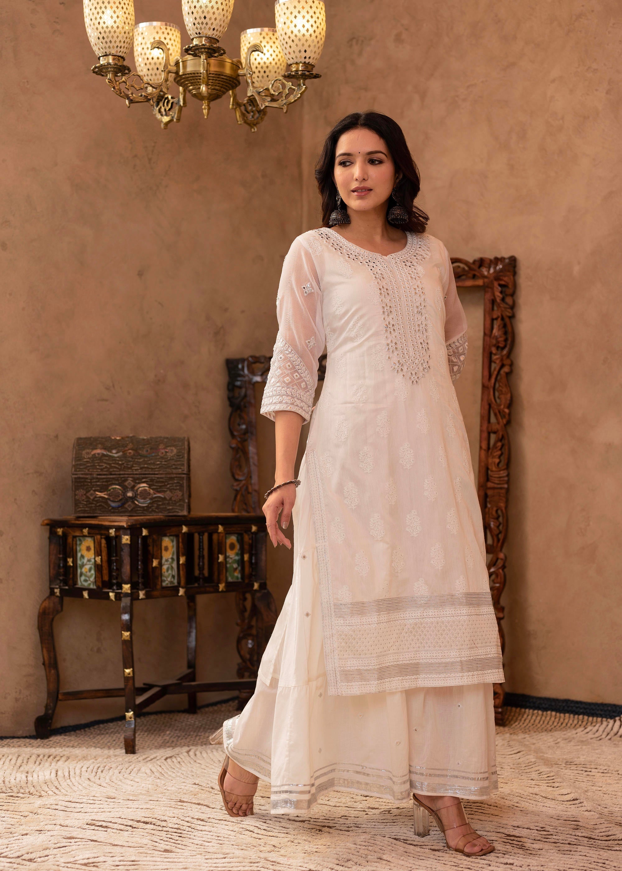 Juniper White Chanderi Mirror Embroidered Kurta with Gota Lace & Glitter Work