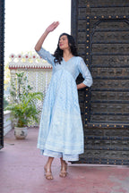 Juniper Sky Blue Chanderi Geometric Printed Mirror Embroidered Dress with Gota Lace & Glitter Work - Distacart