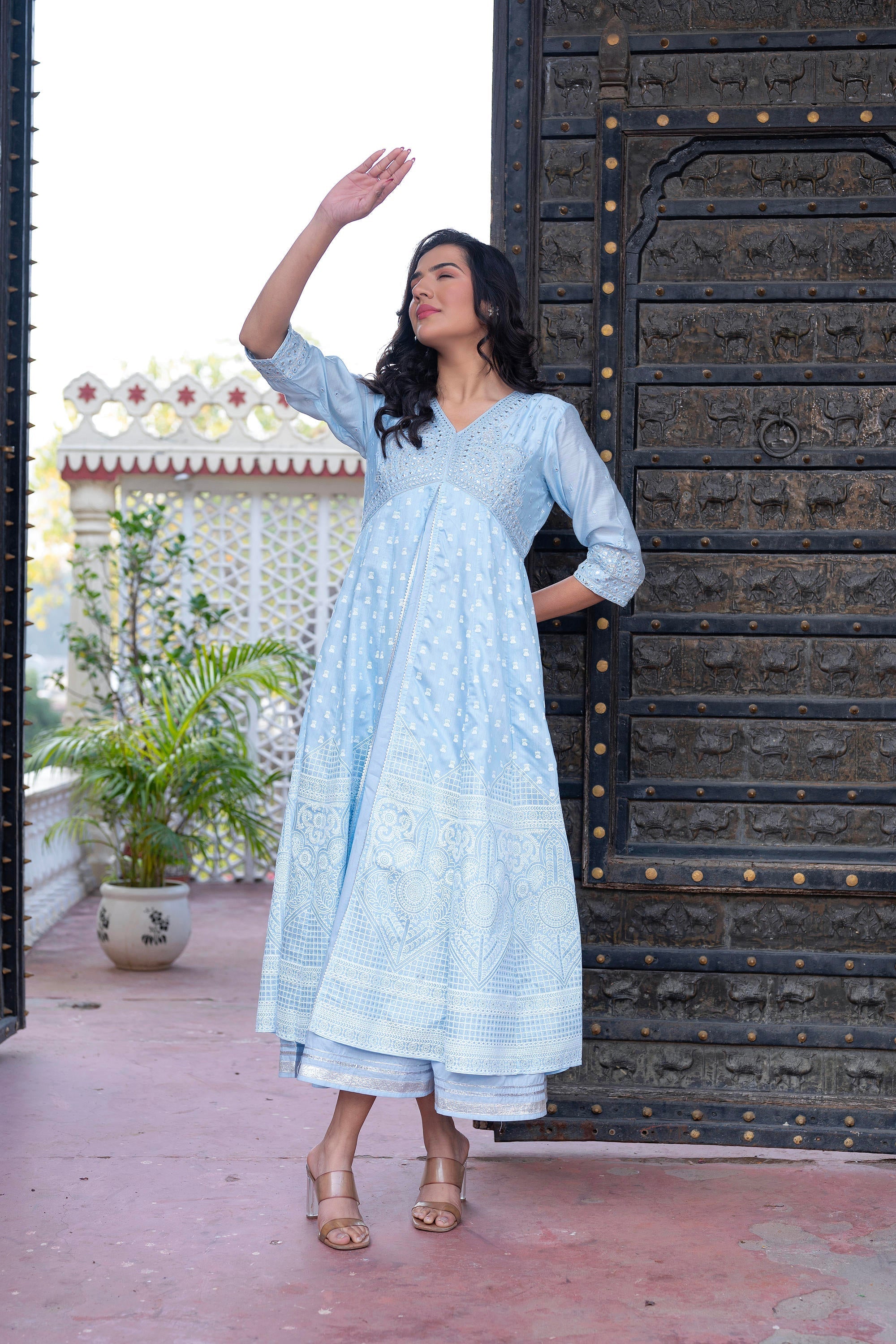 Juniper Sky Blue Chanderi Geometric Printed Mirror Embroidered Dress With Gota Lace & Glitter Work - Distacart