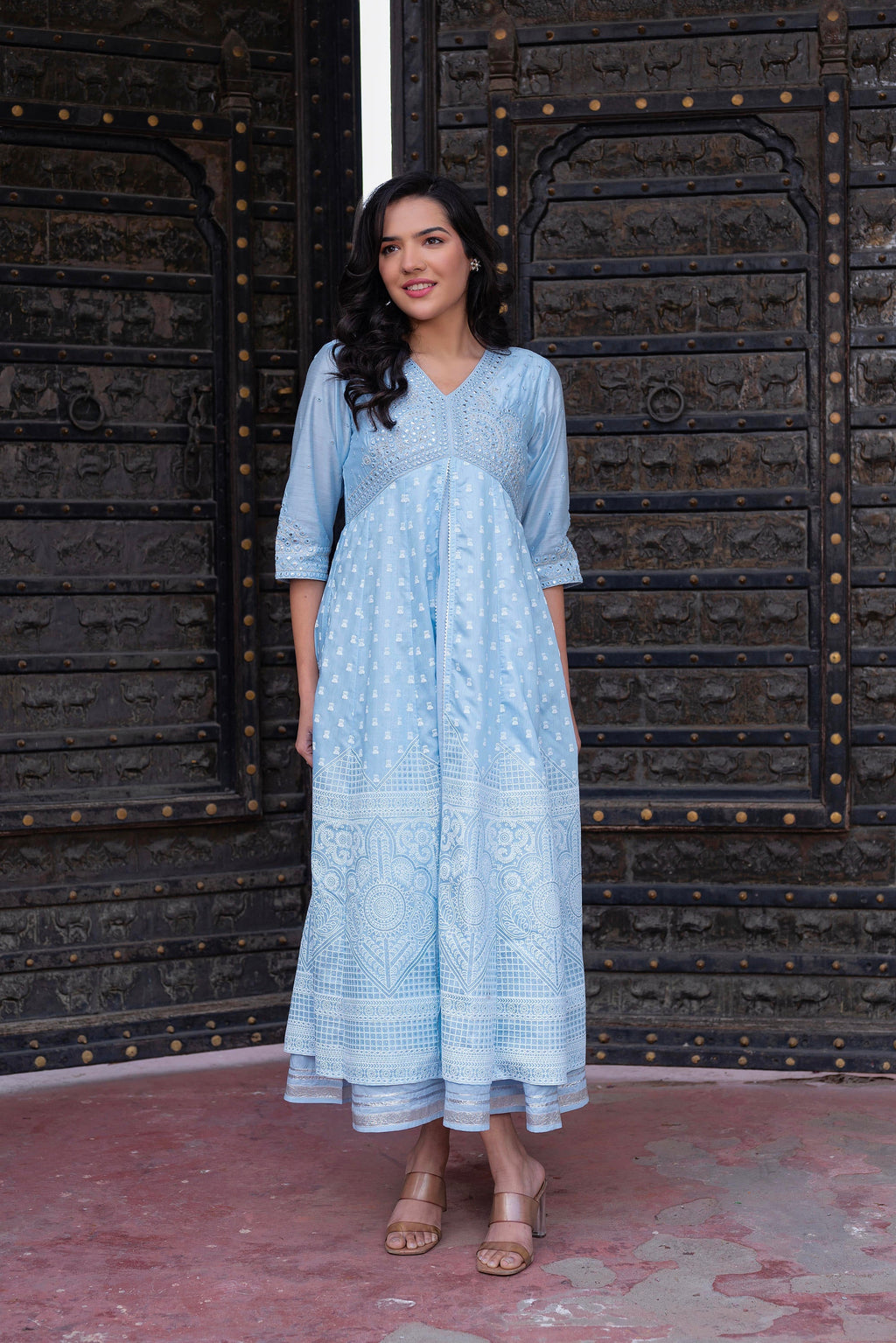 Juniper Sky Blue Chanderi Geometric Printed Mirror Embroidered Dress with Gota Lace & Glitter Work - Distacart