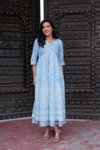 Juniper Sky Blue Chanderi Geometric Printed Mirror Embroidered Dress with Gota Lace & Glitter Work - Distacart
