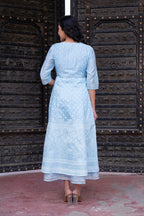Juniper Sky Blue Chanderi Geometric Printed Mirror Embroidered Dress with Gota Lace & Glitter Work - Distacart