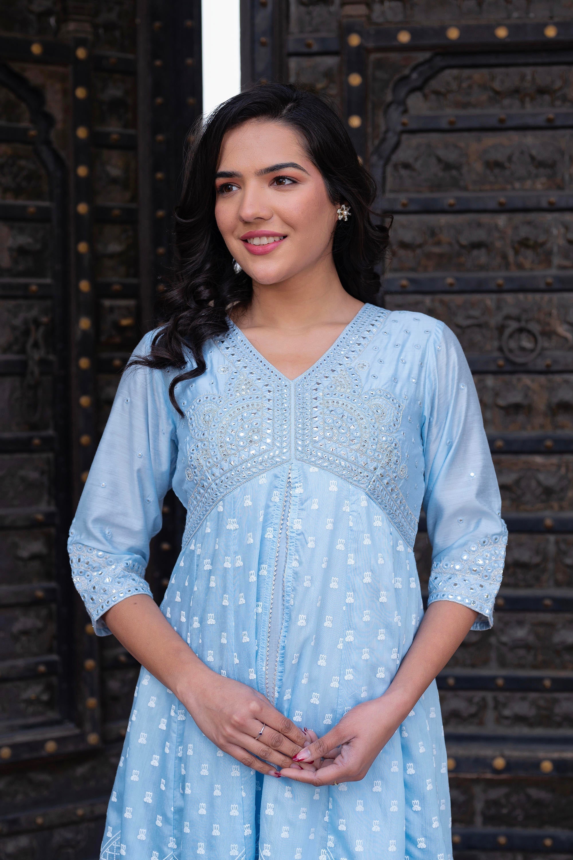 Juniper Sky Blue Chanderi Geometric Printed Mirror Embroidered Dress with Gota Lace & Glitter Work - Distacart