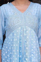 Juniper Sky Blue Chanderi Geometric Printed Mirror Embroidered Dress with Gota Lace & Glitter Work - Distacart