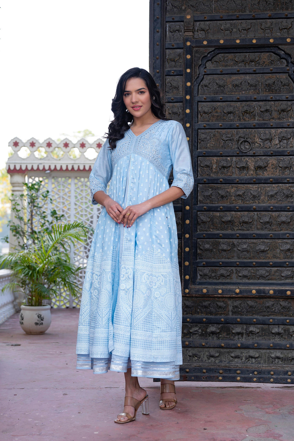 Juniper Sky Blue Chanderi Geometric Printed Mirror Embroidered Dress with Gota Lace & Glitter Work - Distacart