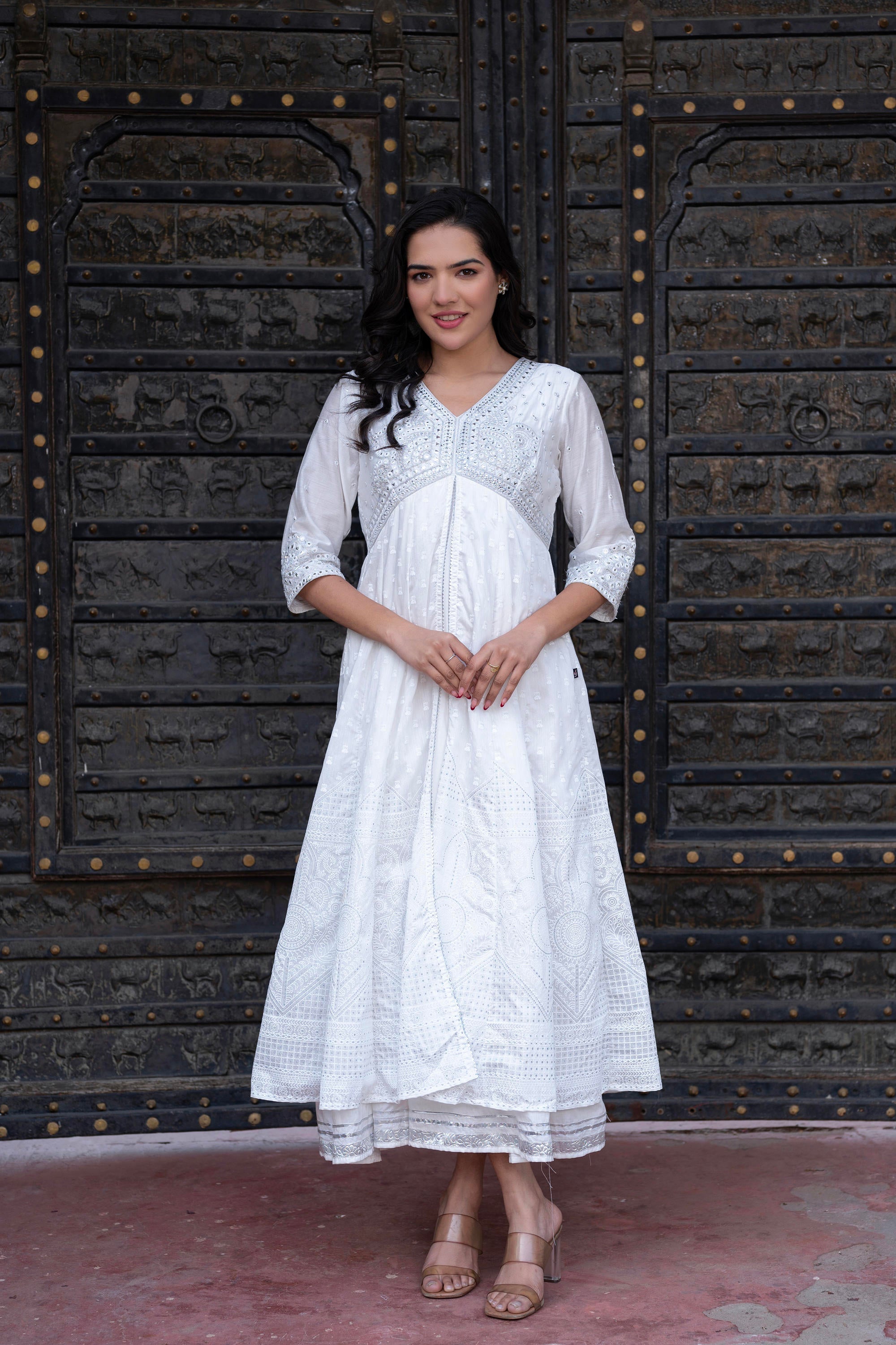 Juniper White Chanderi Geometric Printed Dress with Mirror Embroidery, Gota Lace & Glitter Work - Distacart