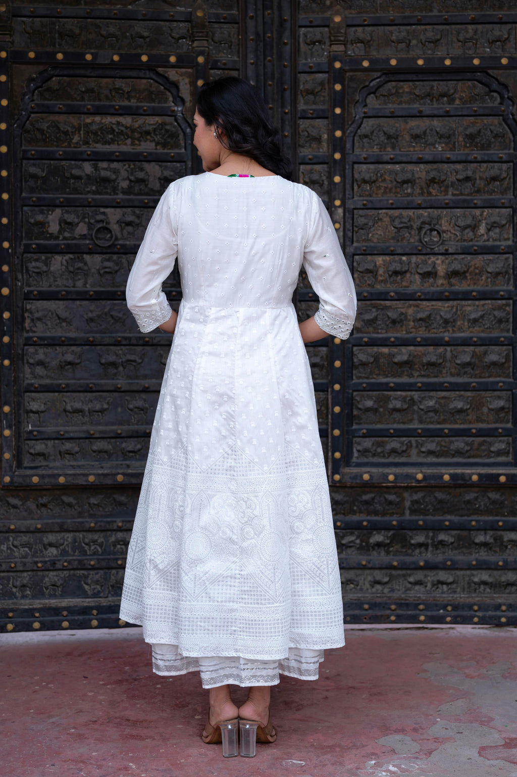 Juniper White Chanderi Geometric Printed Dress with Mirror Embroidery, Gota Lace & Glitter Work - Distacart