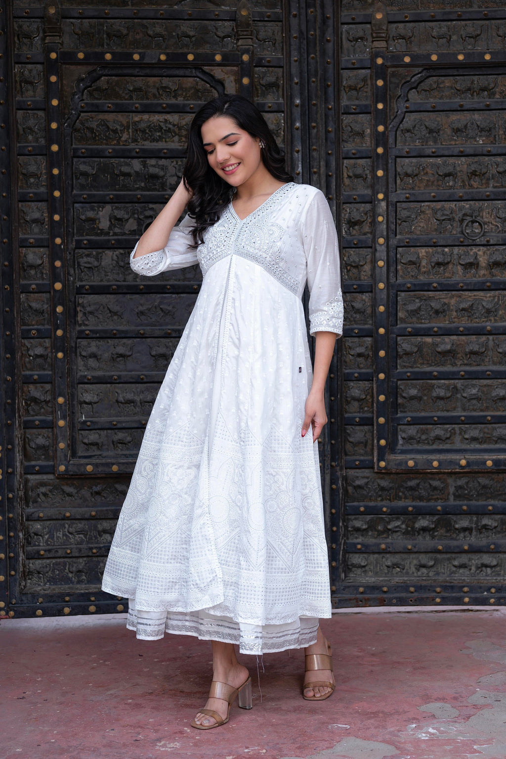 Juniper White Chanderi Geometric Printed Dress With Mirror Embroidery, Gota Lace & Glitter Work - Distacart