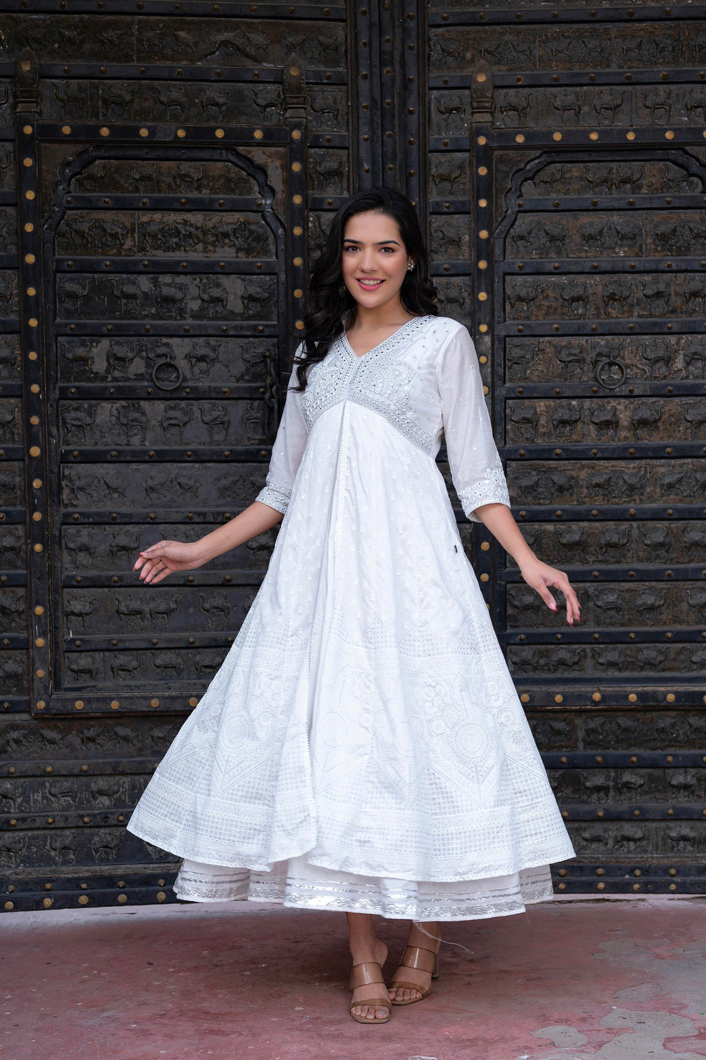 Juniper White Chanderi Geometric Printed Dress with Mirror Embroidery, Gota Lace & Glitter Work - Distacart