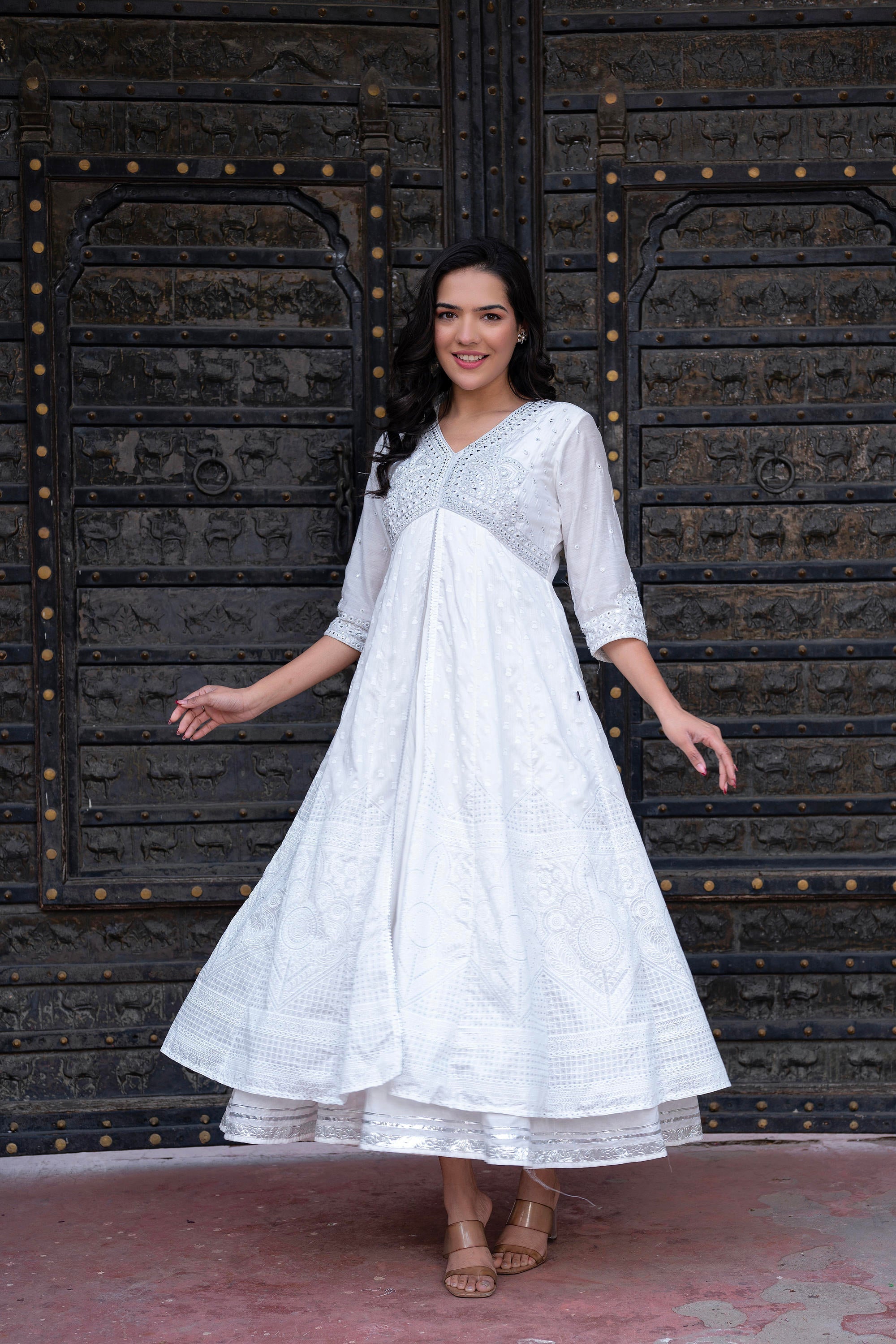 Juniper White Chanderi Geometric Printed Dress with Mirror Embroidery, Gota Lace & Glitter Work - Distacart