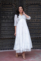 Juniper White Chanderi Geometric Printed Dress with Mirror Embroidery, Gota Lace & Glitter Work - Distacart