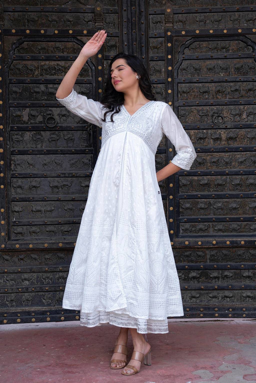 Juniper White Chanderi Geometric Printed Dress with Mirror Embroidery, Gota Lace & Glitter Work - Distacart