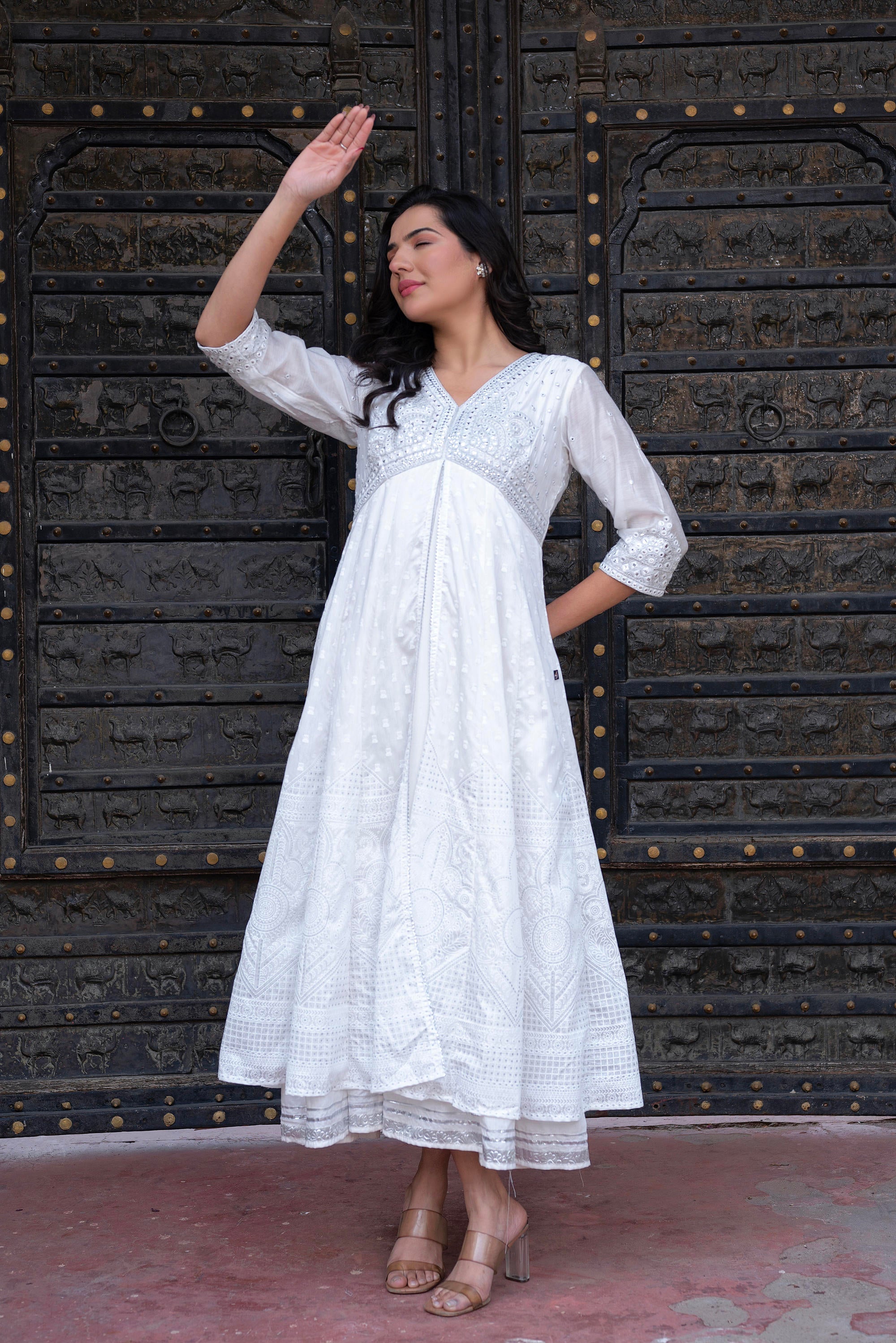 Juniper White Chanderi Geometric Printed Dress with Mirror Embroidery, Gota Lace & Glitter Work - Distacart