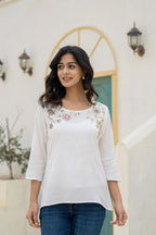 Juniper White Solid Viscose Tunic With Thread Work