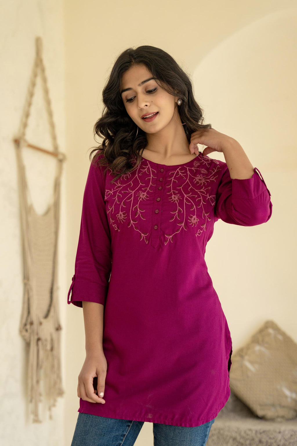Juniper Plum Embroidered Tunic Top with Button Detailing