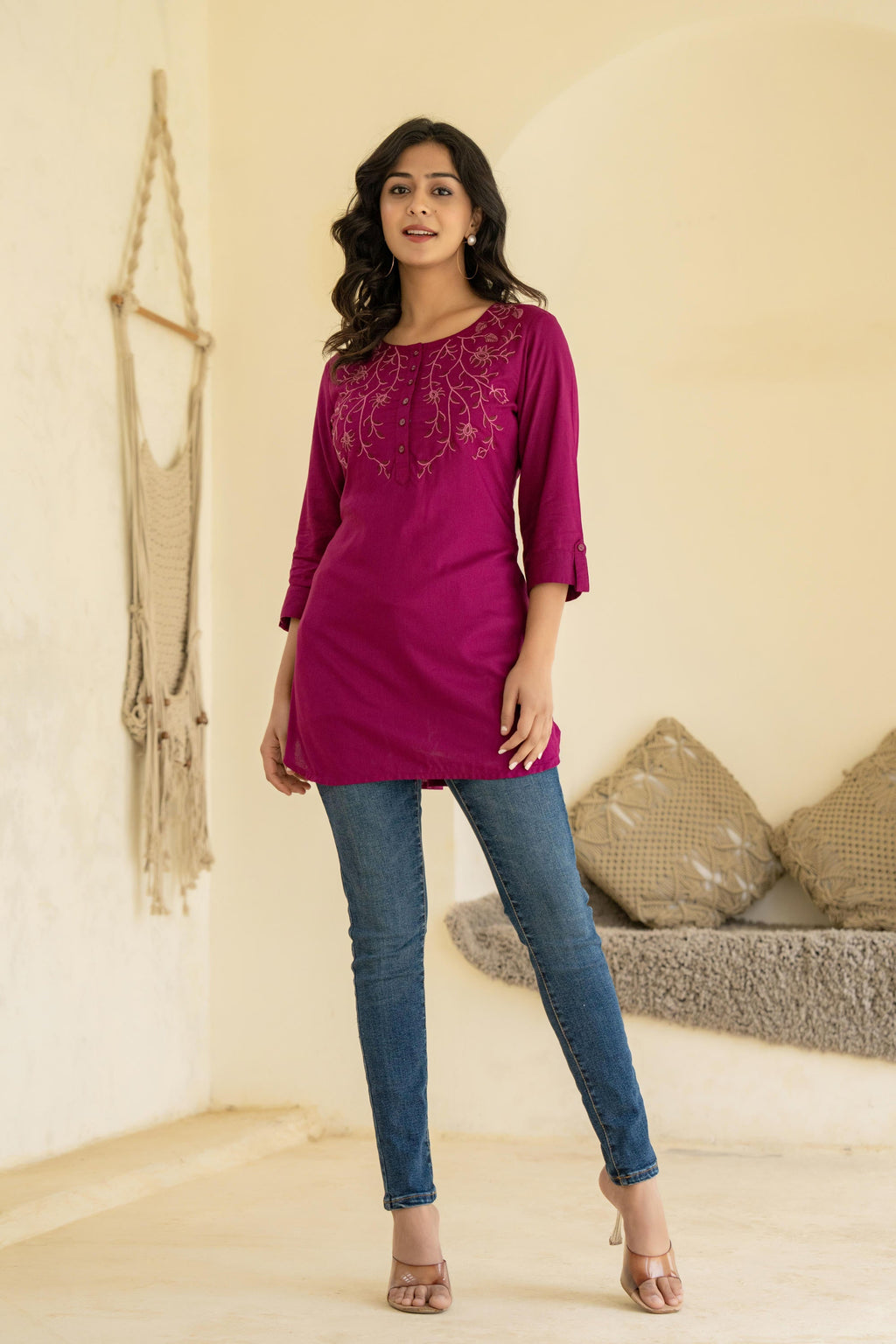 Juniper Plum Embroidered Tunic Top with Button Detailing