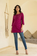 Juniper Plum Embroidered Tunic Top with Button Detailing