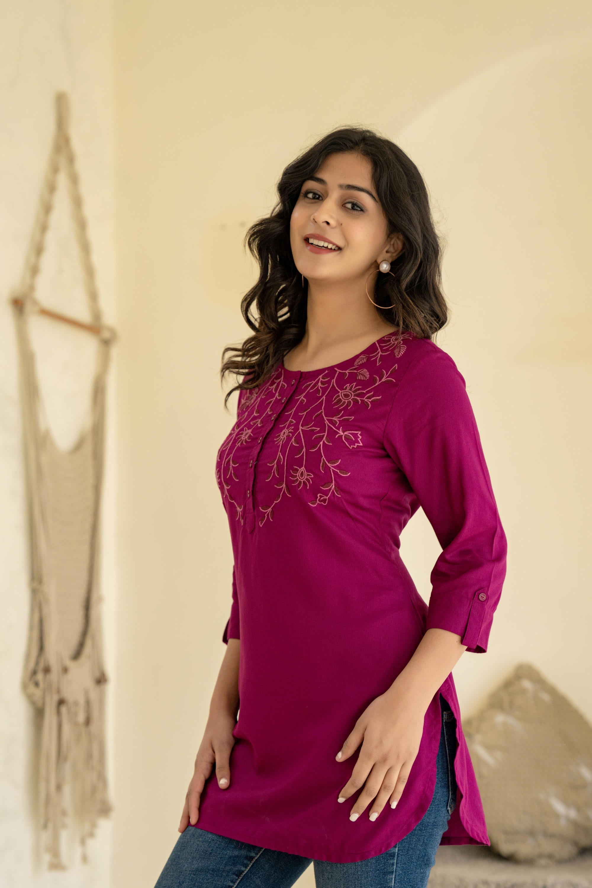Juniper Plum Embroidered Tunic Top with Button Detailing