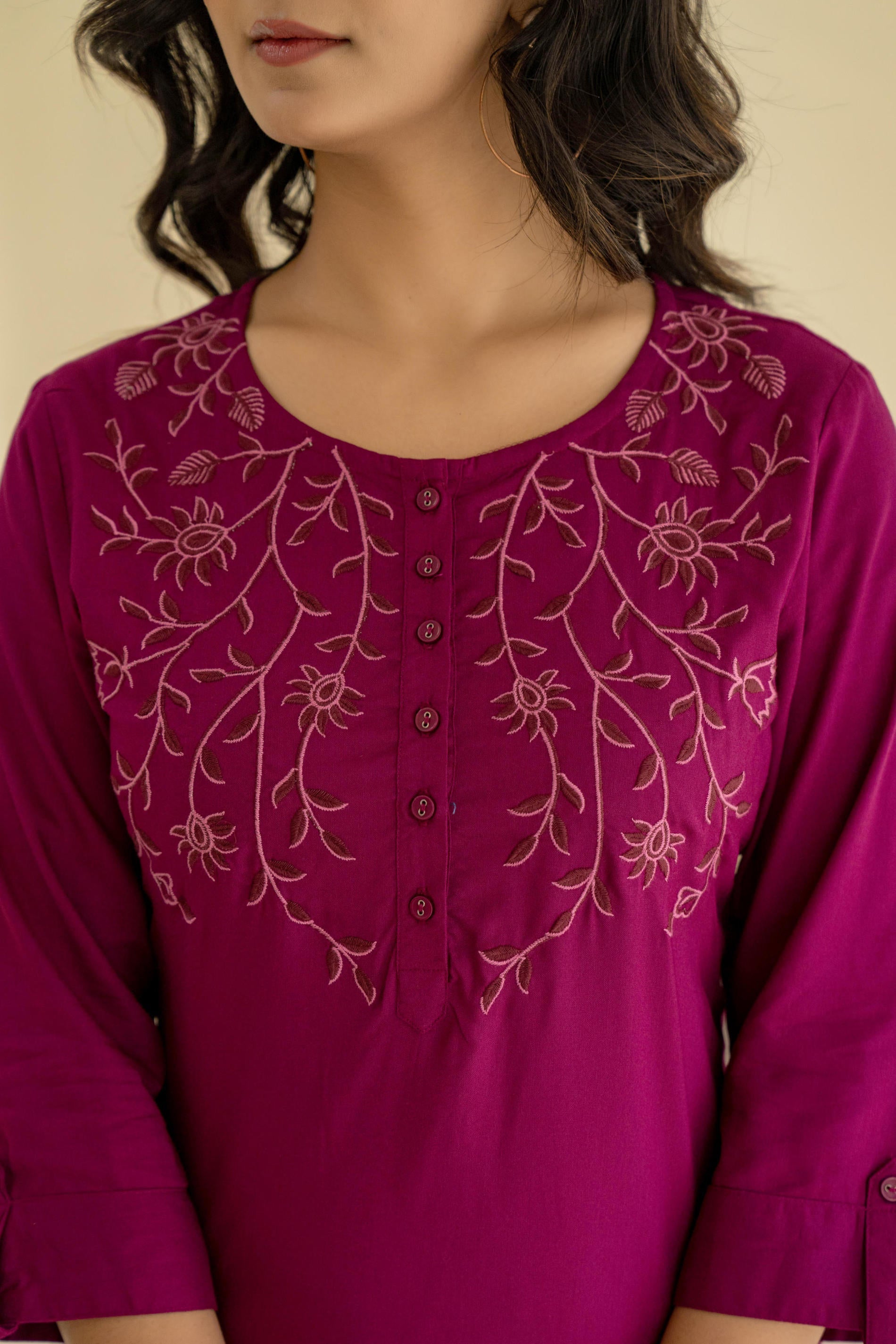 Juniper Plum Embroidered Tunic Top with Button Detailing