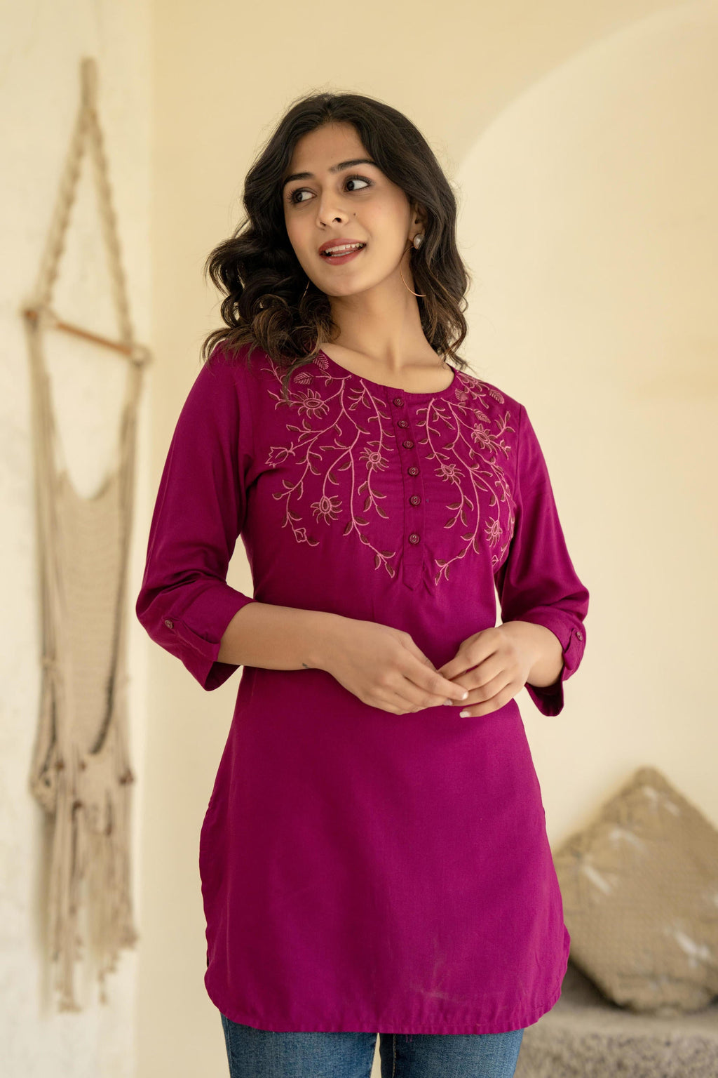 Juniper Plum Embroidered Tunic Top with Button Detailing